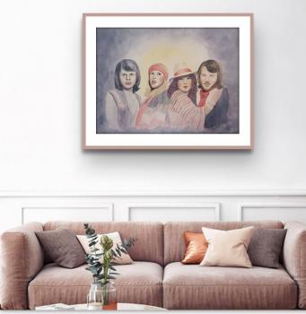 Grosses Aquarell Original Bild Gemälde  ABBA  56 x 42 cm - Björn, Agnetha, Frida und Benny